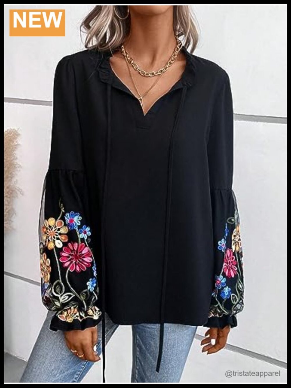 Floral Embroidered Peasant Blouse Tie Neck Lantern Sleeve Dressy Casual Top - Picture 3 of 4